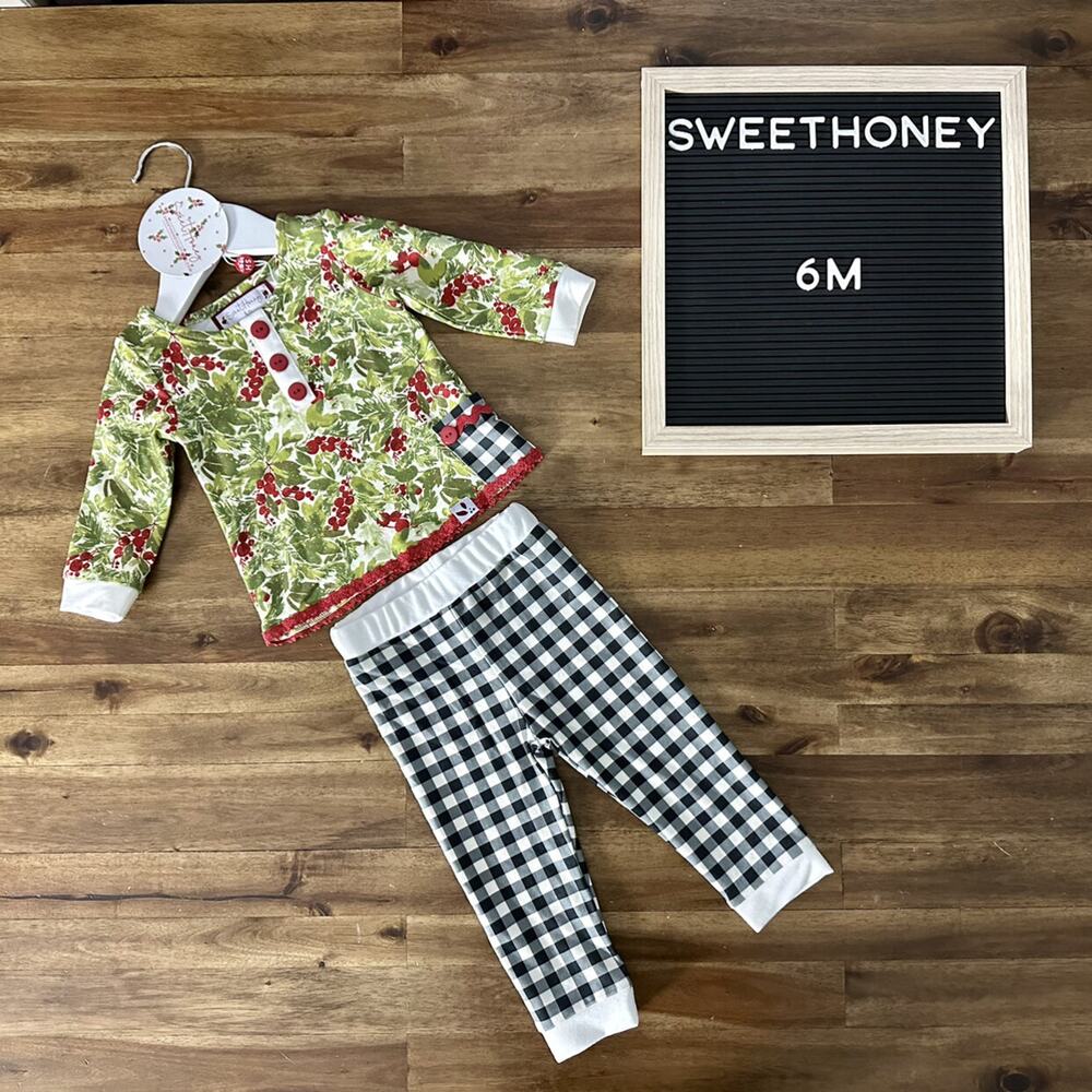 NWT SweetHoney Dreamer Pajama Set Holiday Foliage Green Black Gingham Pants 6M
